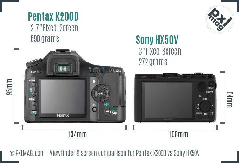 Pentax K200D vs Sony HX50V Screen and Viewfinder comparison