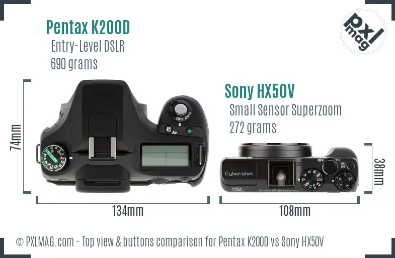 Pentax K200D vs Sony HX50V top view buttons comparison