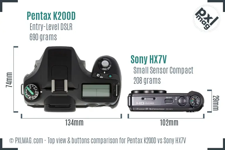 Pentax K200D vs Sony HX7V top view buttons comparison