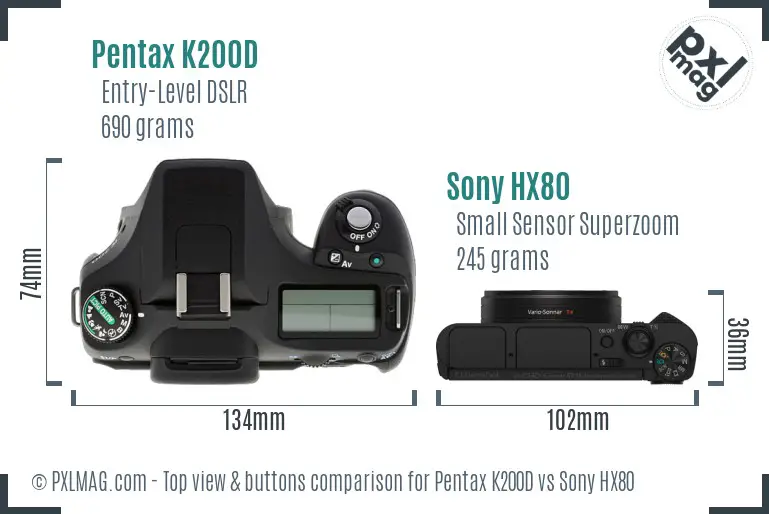 Pentax K200D vs Sony HX80 top view buttons comparison Pentax K200D vs Sony HX80 top view buttons comparison