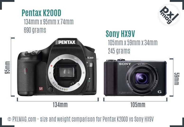 Pentax K200D vs Sony HX9V size comparison