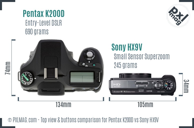 Pentax K200D vs Sony HX9V top view buttons comparison
