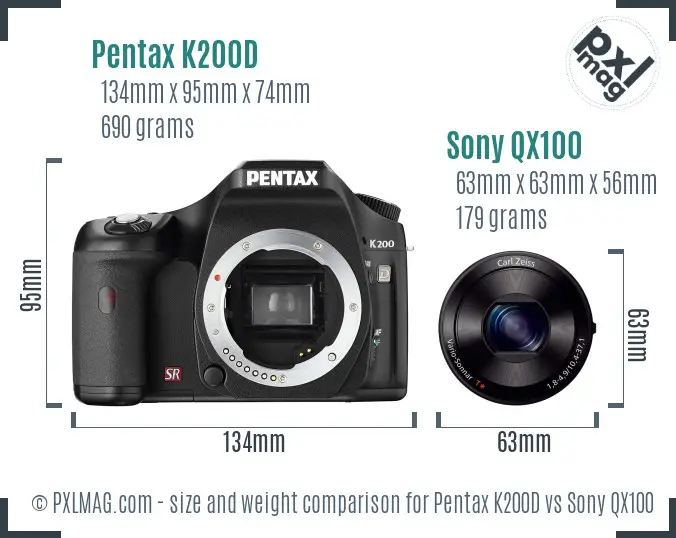Pentax K200D vs Sony QX100 size comparison