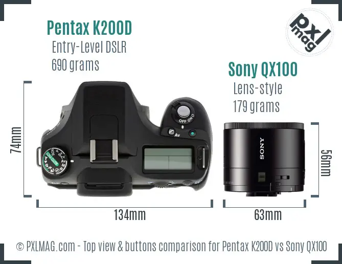 Pentax K200D vs Sony QX100 top view buttons comparison
