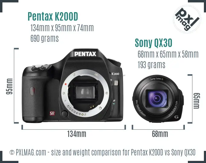 Pentax K200D vs Sony QX30 size comparison