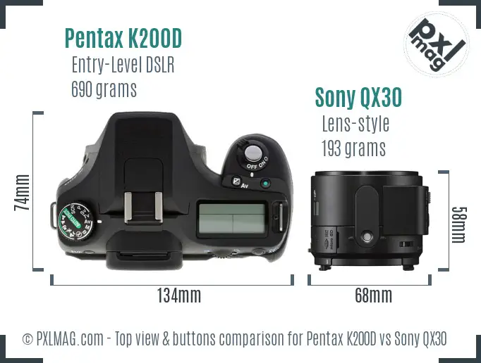 Pentax K200D vs Sony QX30 top view buttons comparison