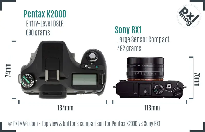 Pentax K200D vs Sony RX1 top view buttons comparison