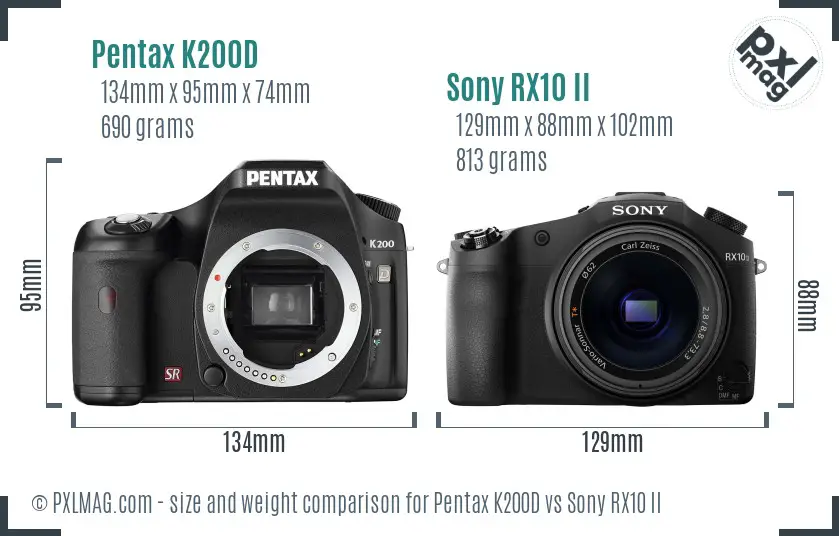 Pentax K200D vs Sony RX10 II size comparison