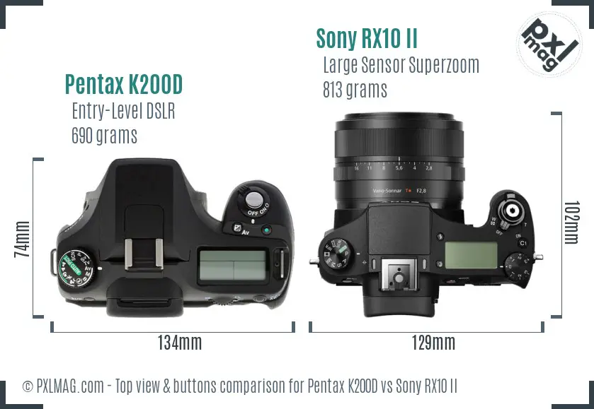 Pentax K200D vs Sony RX10 II top view buttons comparison