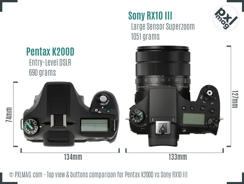 Pentax K200D vs Sony RX10 III top view buttons comparison Pentax K200D vs Sony RX10 III top view buttons comparison