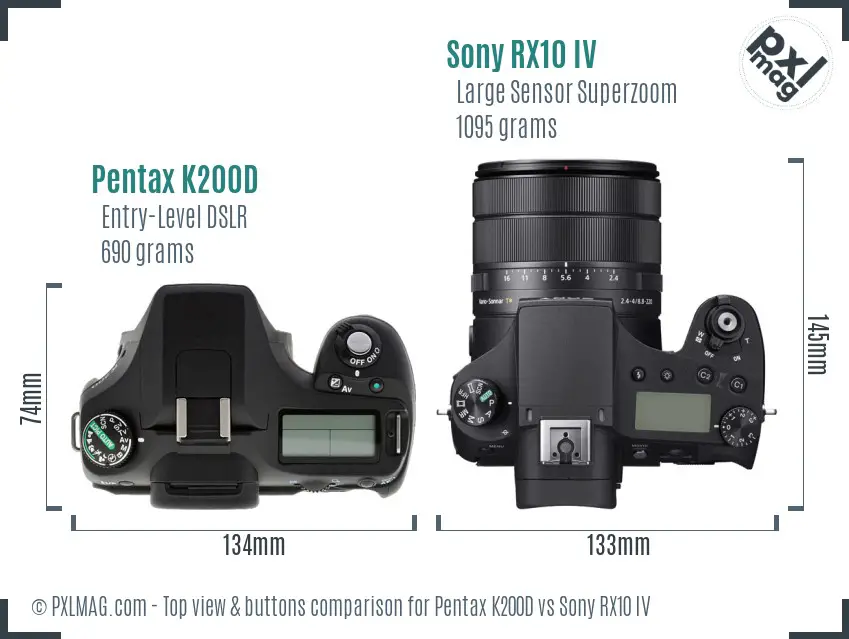 Pentax K200D vs Sony RX10 IV top view buttons comparison