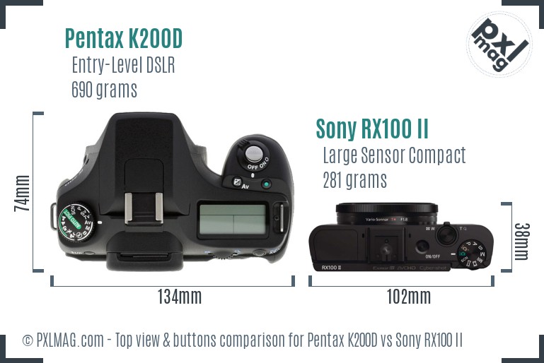 Pentax K200D vs Sony RX100 II top view buttons comparison