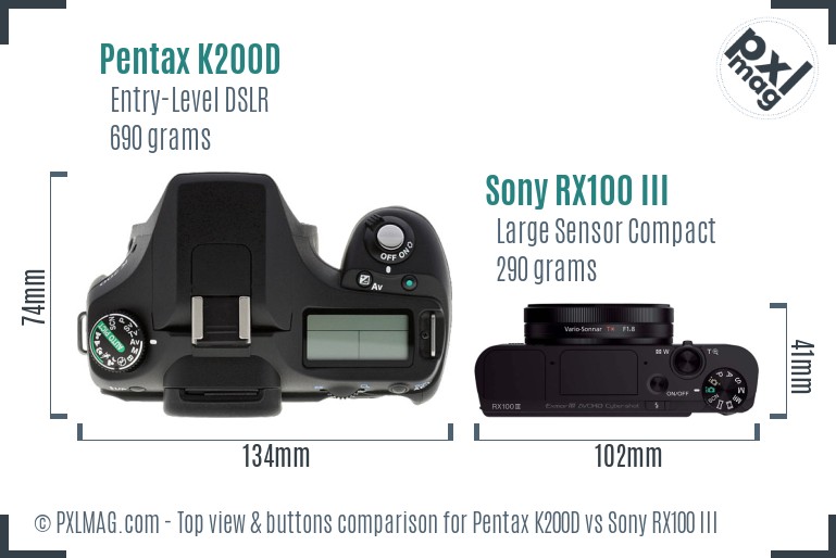Pentax K200D vs Sony RX100 III top view buttons comparison