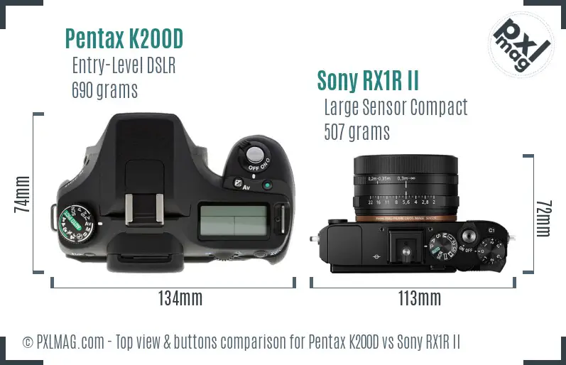 Pentax K200D vs Sony RX1R II top view buttons comparison