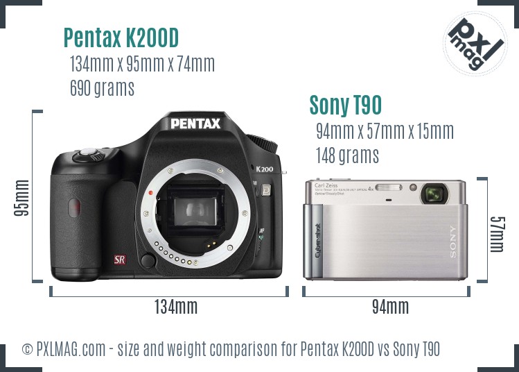 Pentax K200D vs Sony T90 size comparison