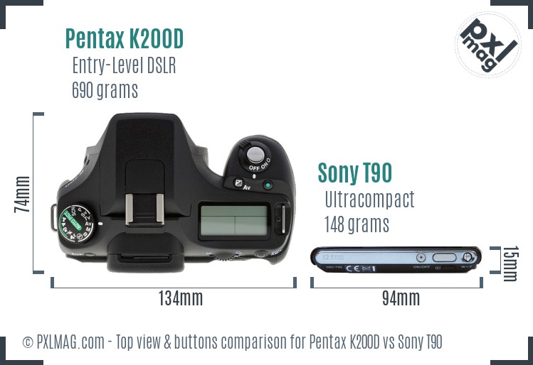 Pentax K200D vs Sony T90 top view buttons comparison