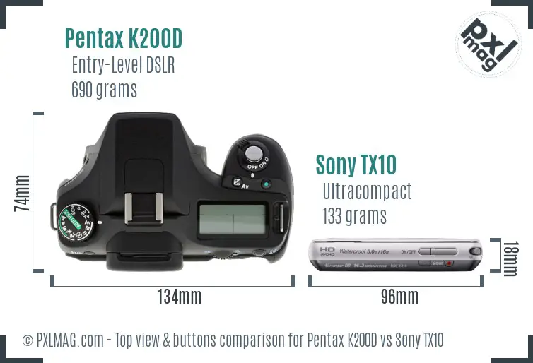 Pentax K200D vs Sony TX10 top view buttons comparison