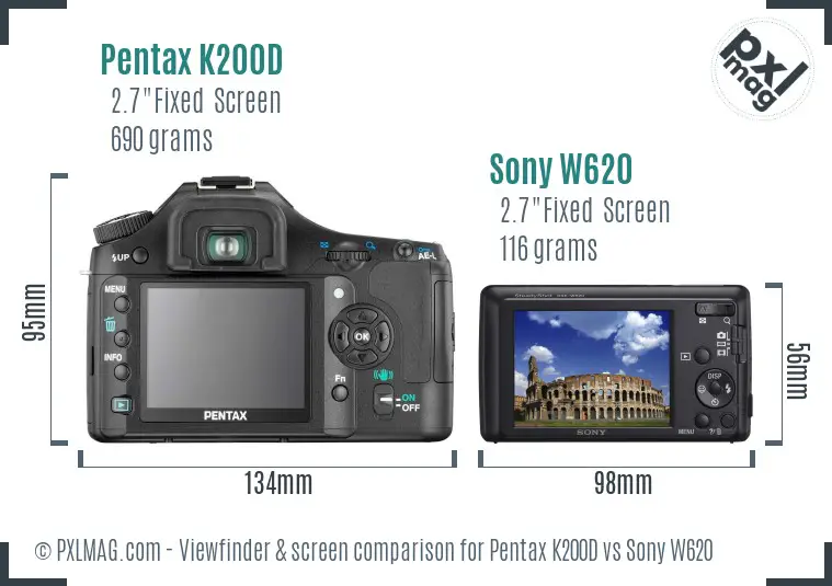 Pentax K200D vs Sony W620 Screen and Viewfinder comparison