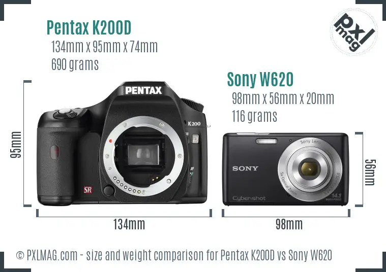 Pentax K200D vs Sony W620 size comparison