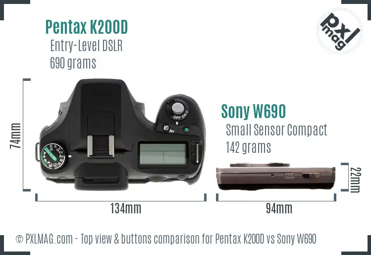 Pentax K200D vs Sony W690 top view buttons comparison
