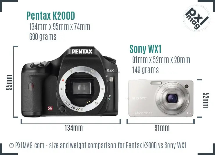 Pentax K200D vs Sony WX1 size comparison