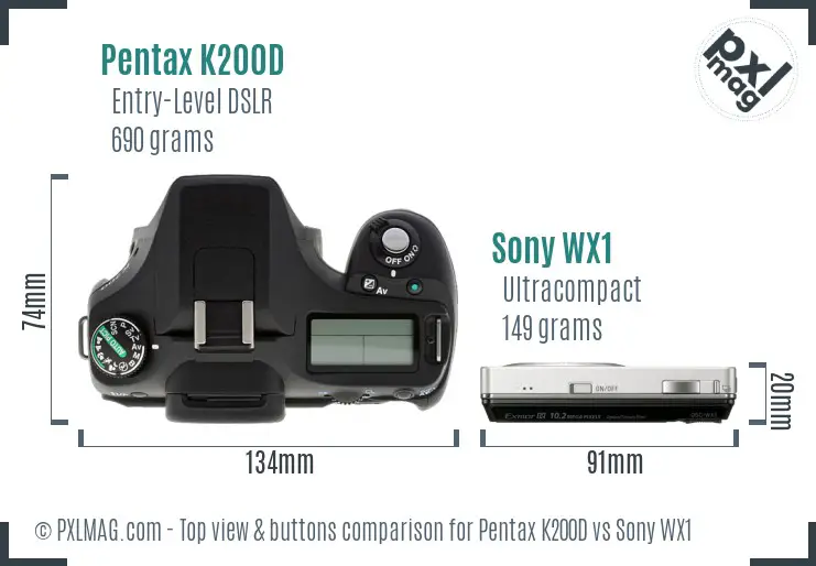 Pentax K200D vs Sony WX1 top view buttons comparison