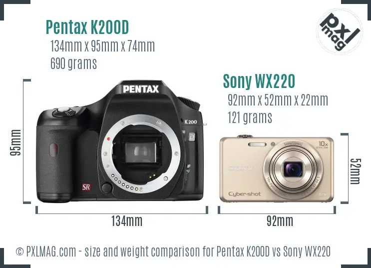 Pentax K200D vs Sony WX220 size comparison