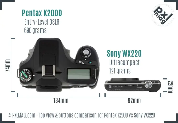 Pentax K200D vs Sony WX220 top view buttons comparison