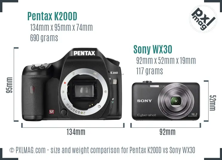 Pentax K200D vs Sony WX30 size comparison