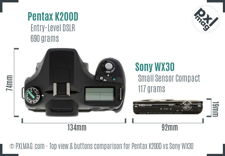 Pentax K200D vs Sony WX30 top view buttons comparison