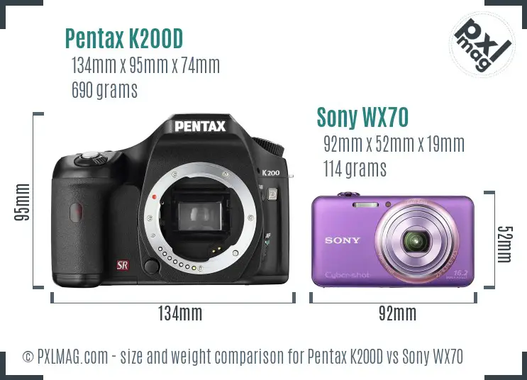 Pentax K200D vs Sony WX70 size comparison