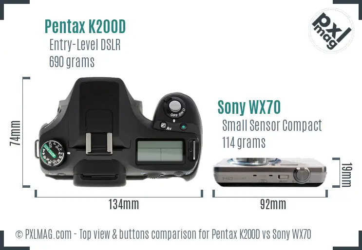 Pentax K200D vs Sony WX70 top view buttons comparison