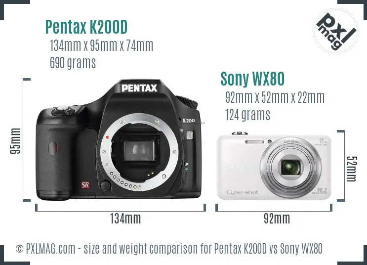 Pentax K200D vs Sony WX80 size comparison