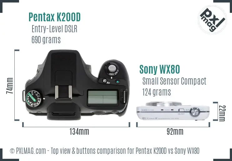 Pentax K200D vs Sony WX80 top view buttons comparison