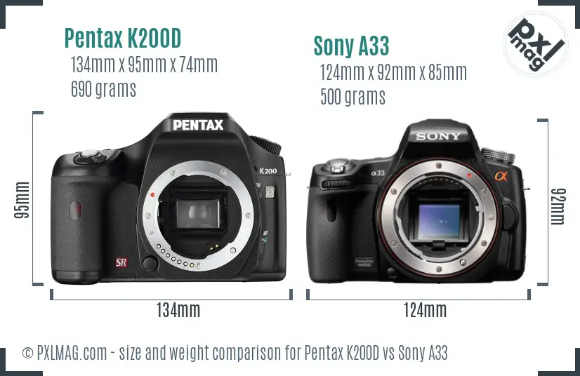 Pentax K200D vs Sony A33 size comparison