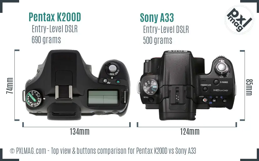 Pentax K200D vs Sony A33 top view buttons comparison