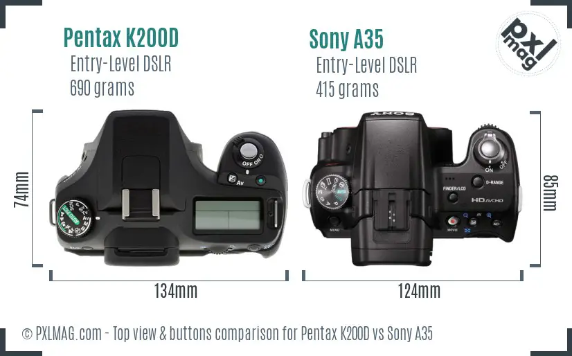Pentax K200D vs Sony A35 top view buttons comparison
