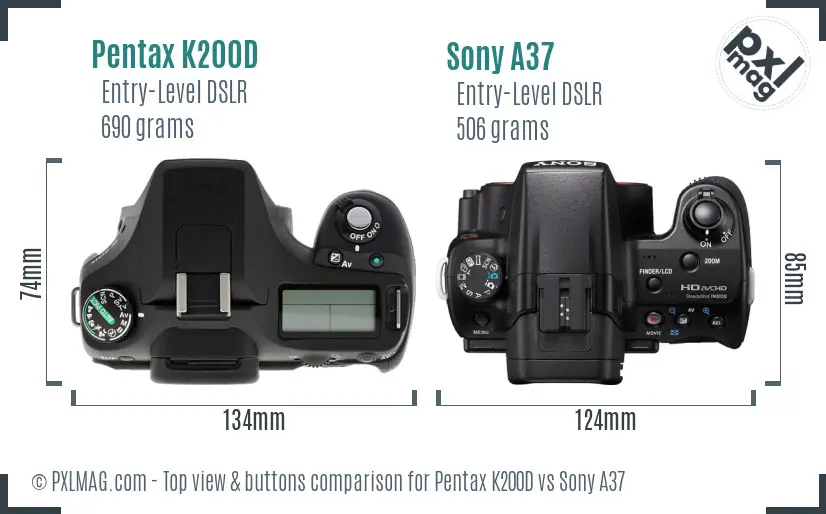 Pentax K200D vs Sony A37 top view buttons comparison