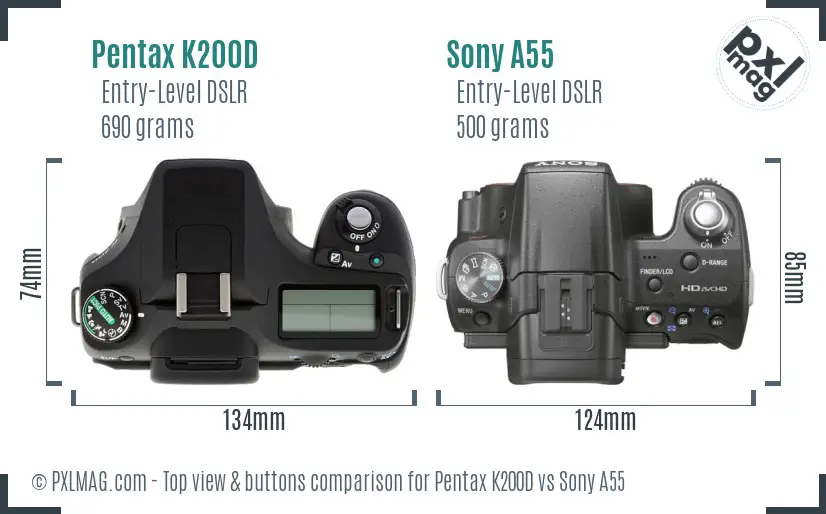 Pentax K200D vs Sony A55 top view buttons comparison