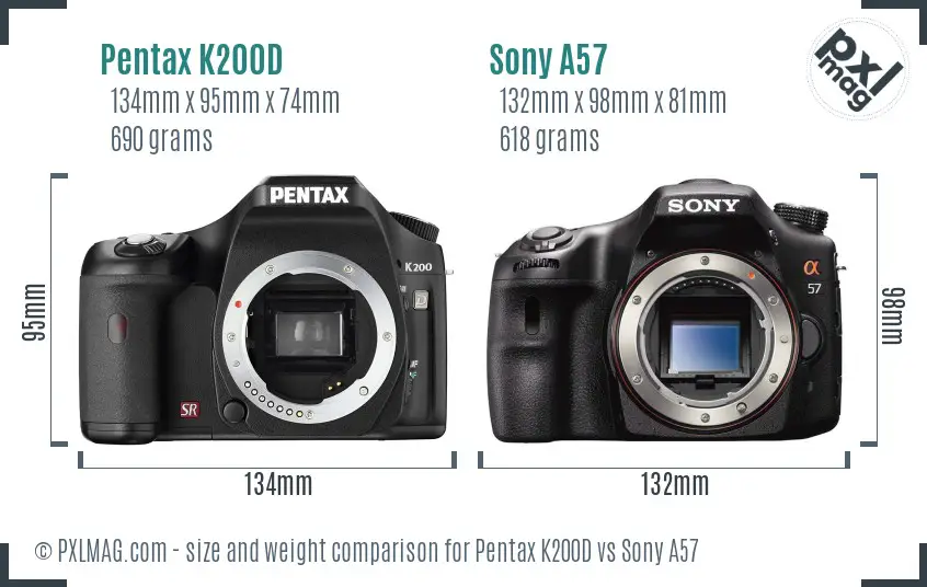 Pentax K200D vs Sony A57 size comparison