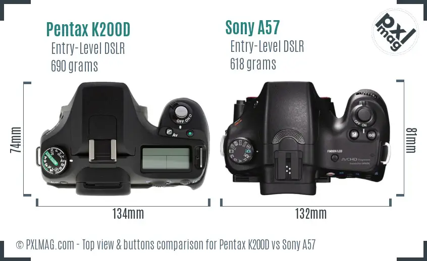 Pentax K200D vs Sony A57 top view buttons comparison
