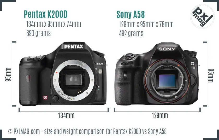Pentax K200D vs Sony A58 size comparison