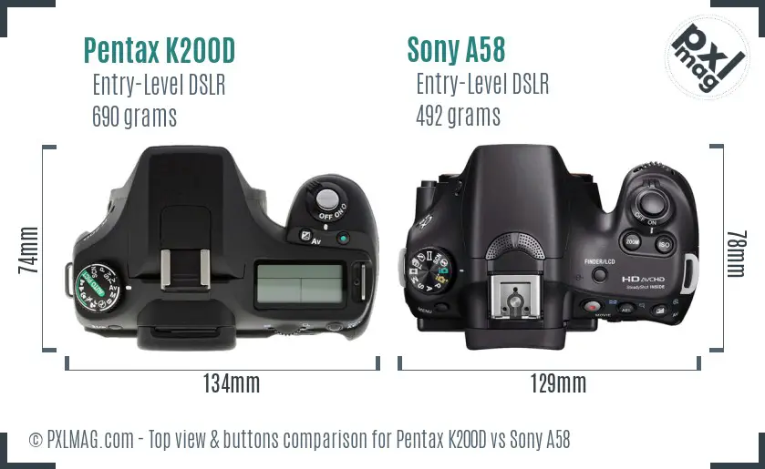 Pentax K200D vs Sony A58 top view buttons comparison