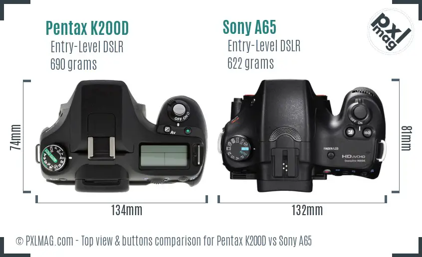 Pentax K200D vs Sony A65 top view buttons comparison