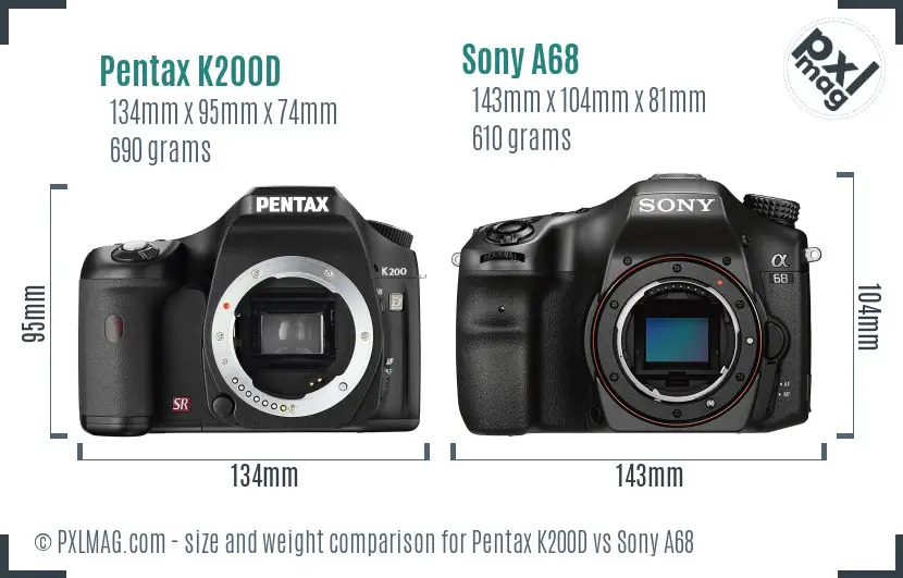 Pentax K200D vs Sony A68 size comparison