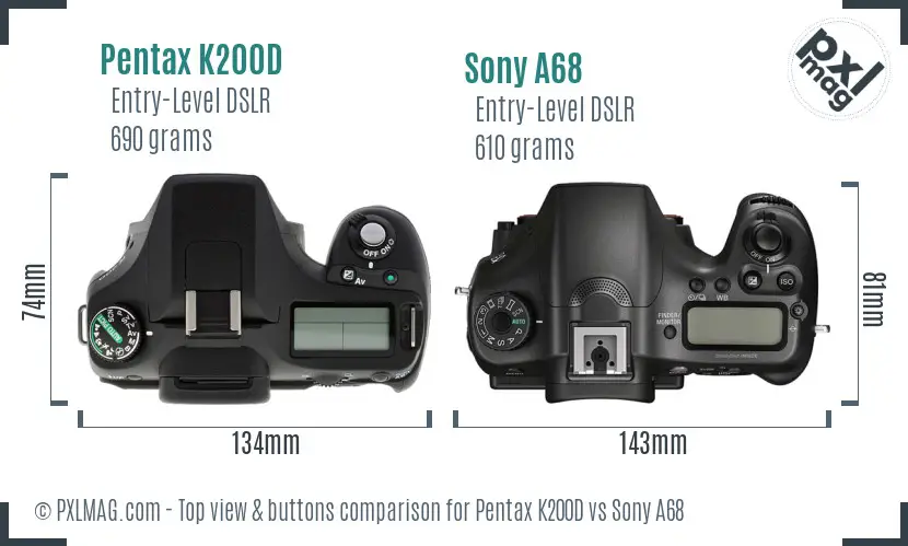 Pentax K200D vs Sony A68 top view buttons comparison