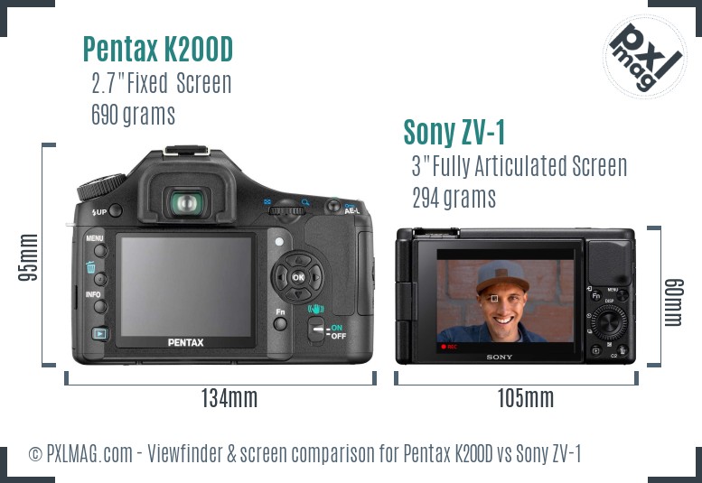 Pentax K200D vs Sony ZV-1 Screen and Viewfinder comparison