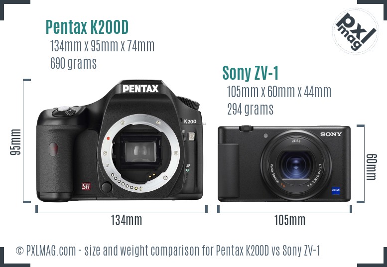Pentax K200D vs Sony ZV-1 size comparison