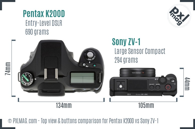 Pentax K200D vs Sony ZV-1 top view buttons comparison