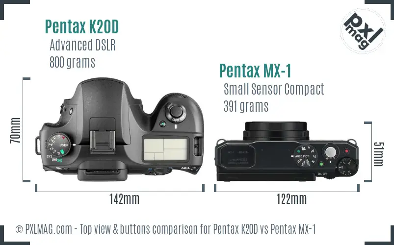 Pentax K20D vs Pentax MX-1 top view buttons comparison